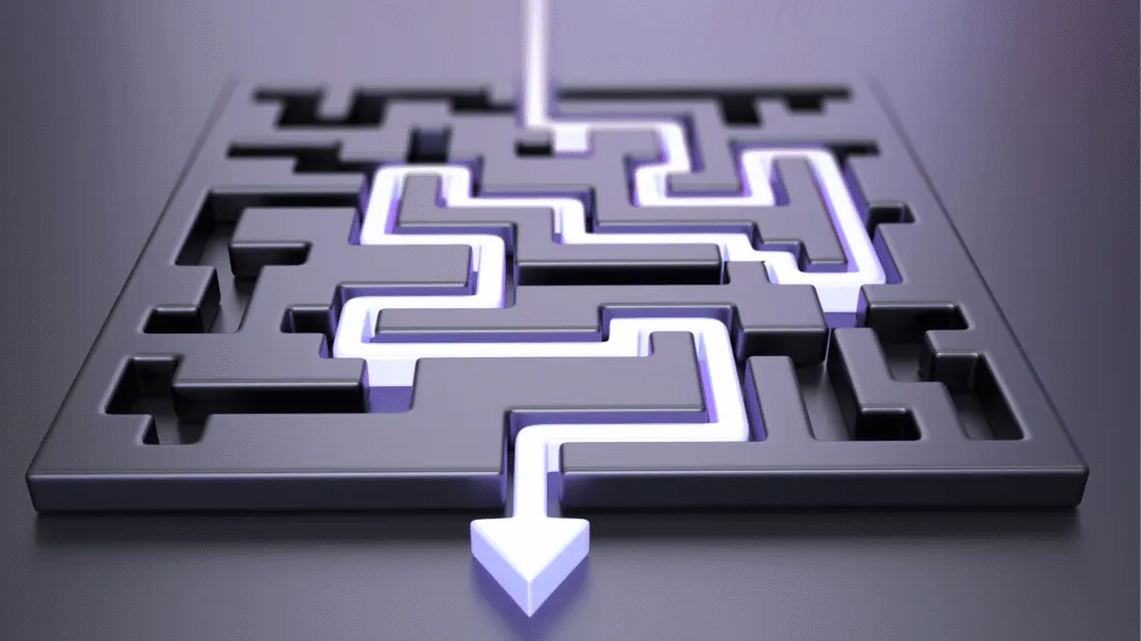 Metaphorische Darstellung ineffizienter Prozesslandschaften als Labyrinth – Symbolbild für die Notwendigkeit strategischer Effizienzsteigerung und Prozessoptimierung durch KI-gestützte Klärung.